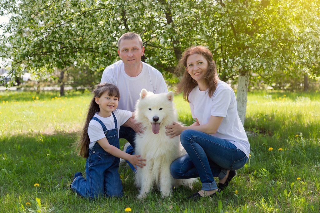Family portrait in park with pet dog Family portrait in park with pet dog